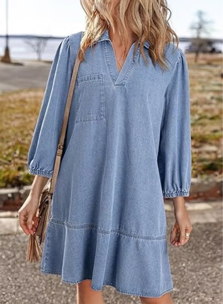 Women's V-neck Puff Sleeve Denim Layered Dress(BUY 2 FREE SHIPPING)