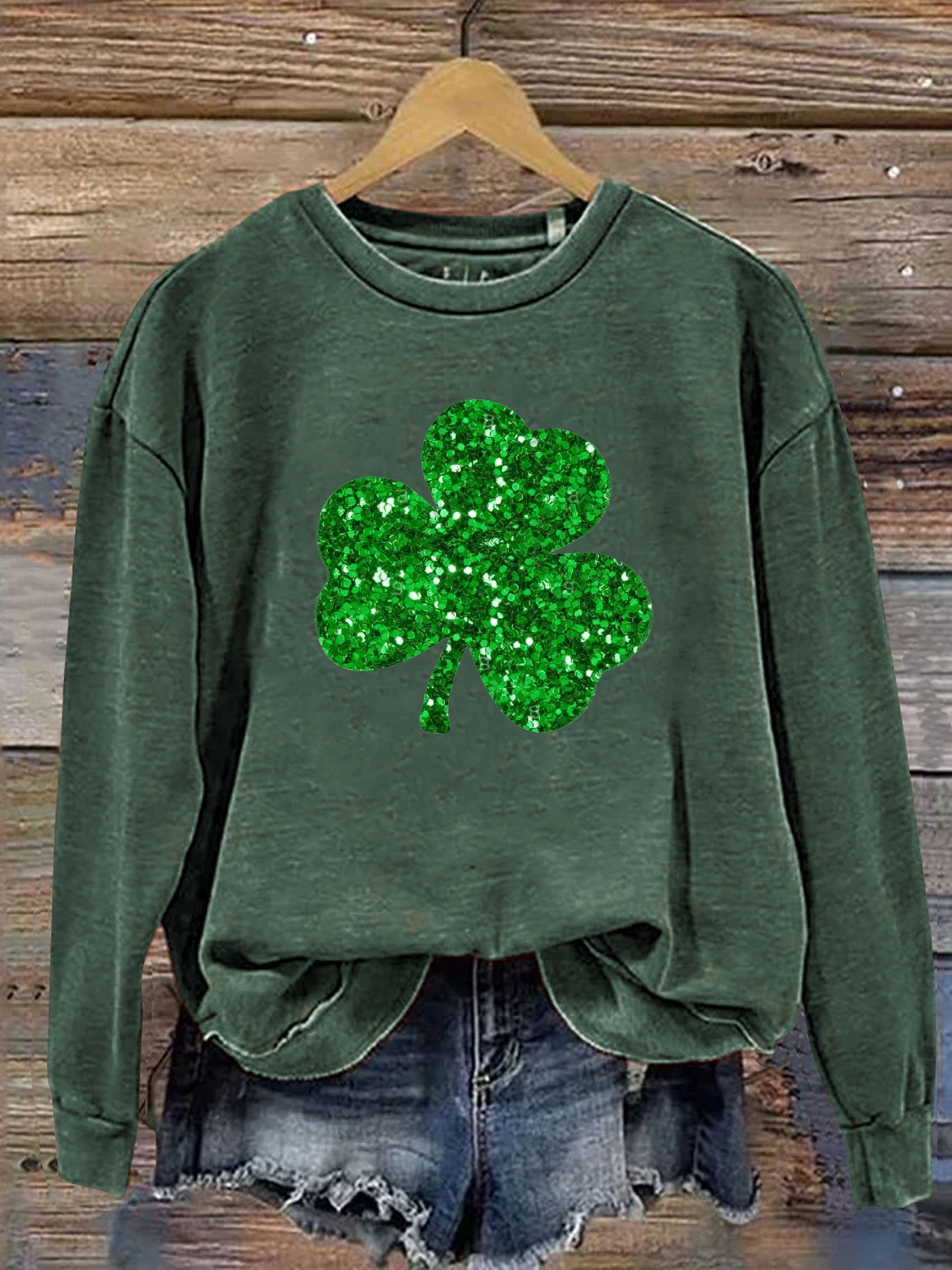 Eagerlys Happy St. Patrick's Day Clover Shiny Print Casual Sweatshirt