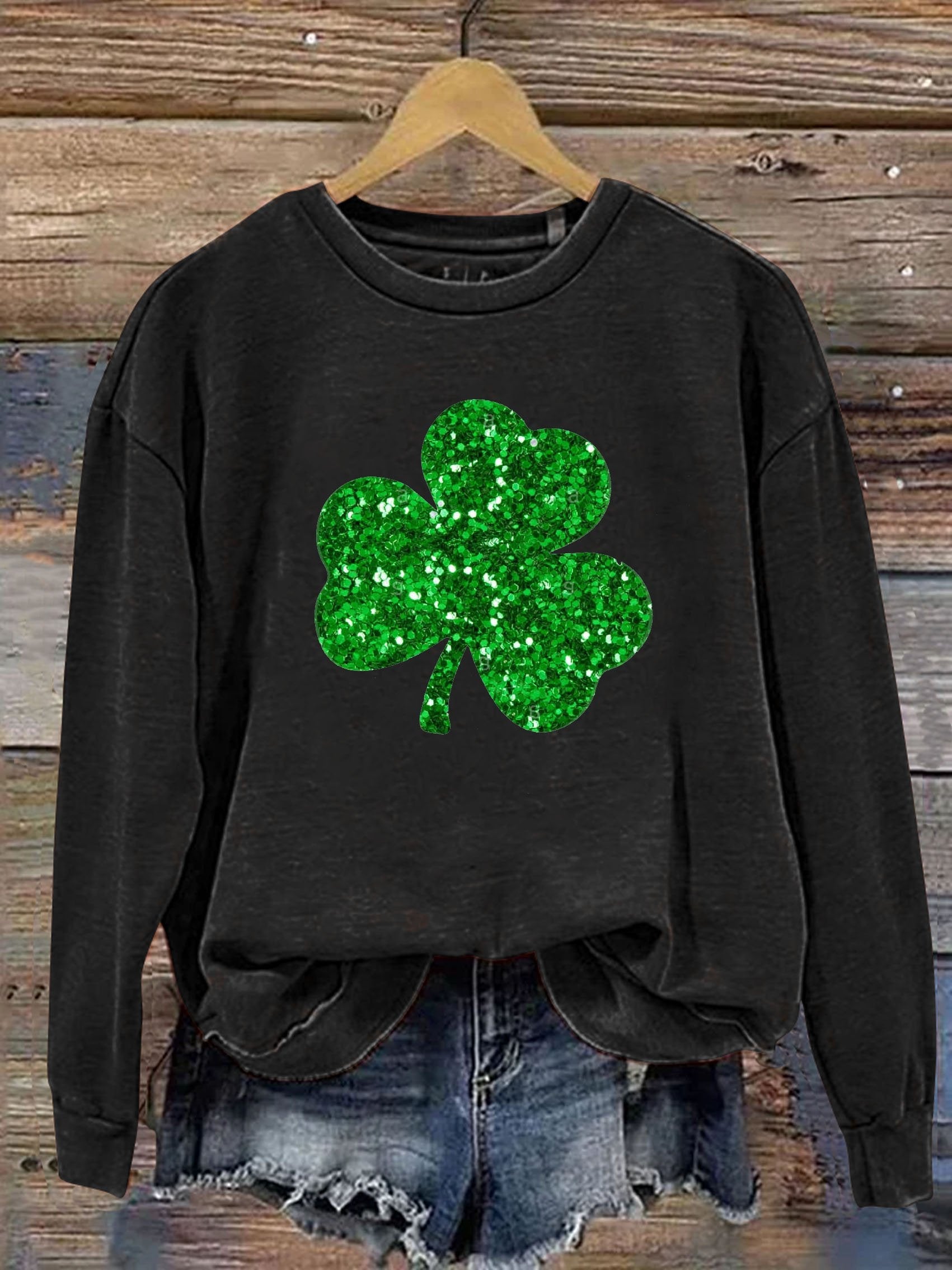 Eagerlys Happy St. Patrick's Day Clover Shiny Print Casual Sweatshirt