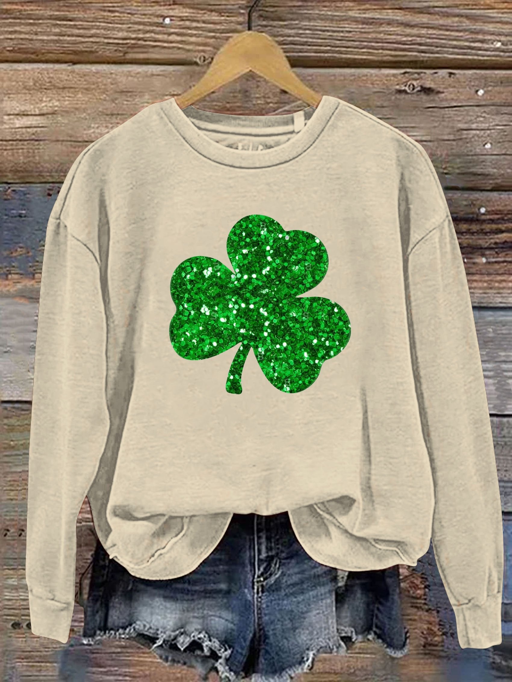Eagerlys Happy St. Patrick's Day Clover Shiny Print Casual Sweatshirt