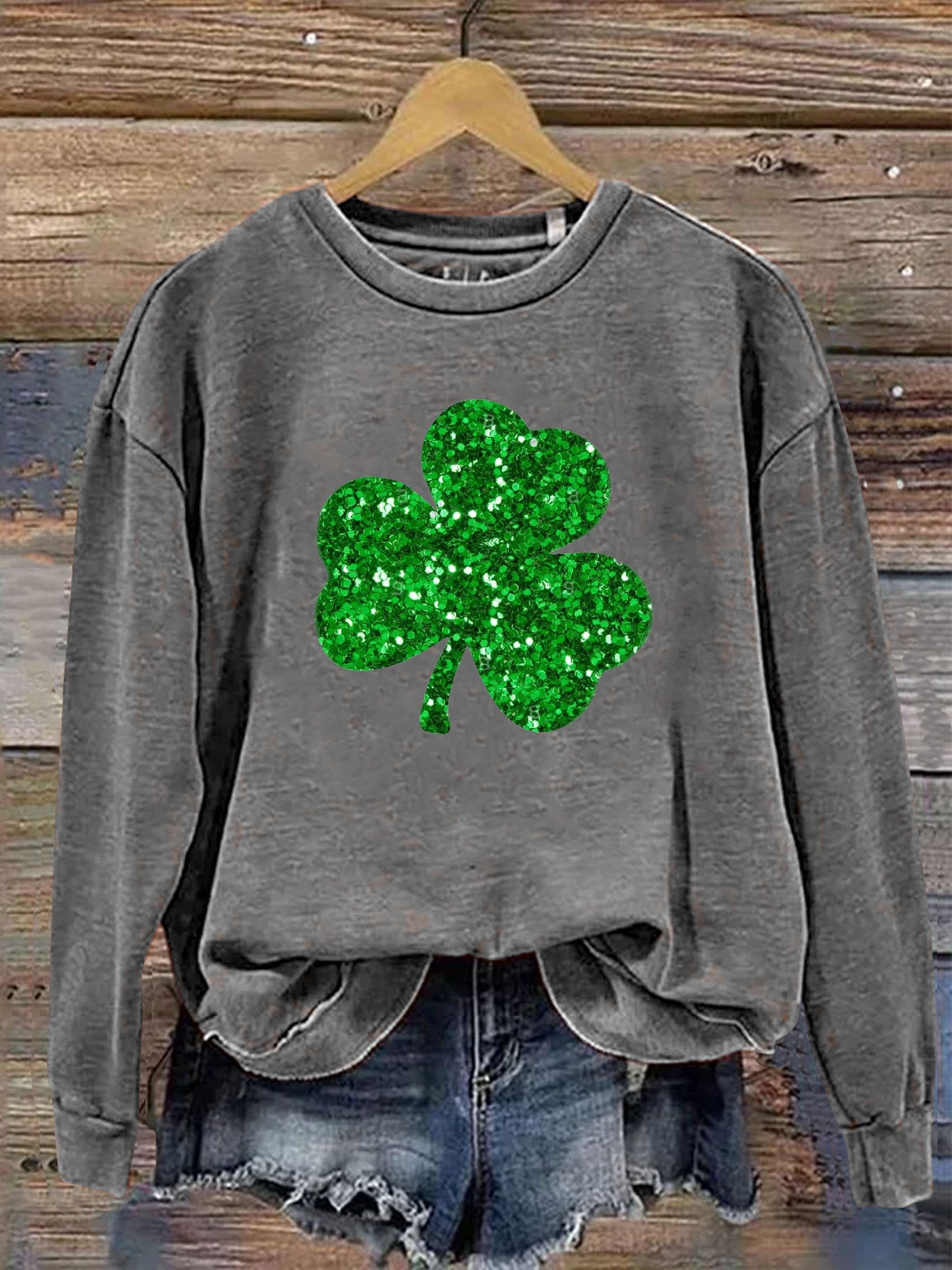 Eagerlys Happy St. Patrick's Day Clover Shiny Print Casual Sweatshirt