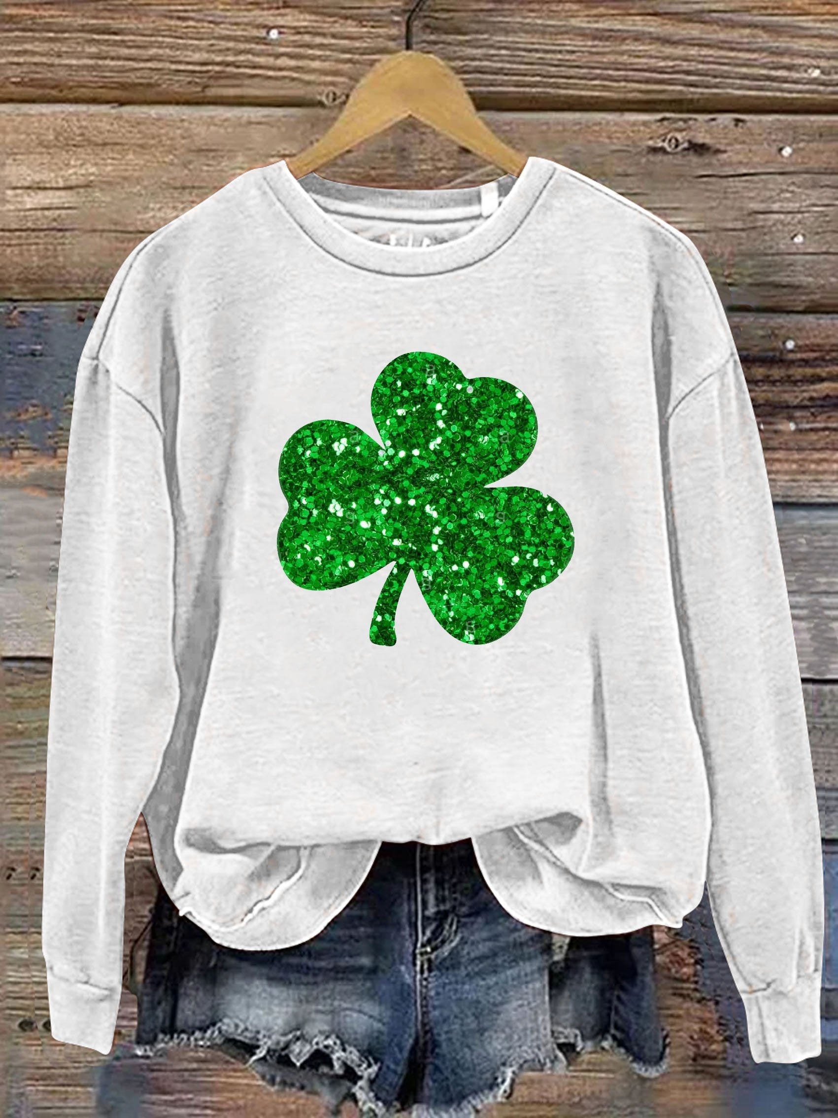 Eagerlys Happy St. Patrick's Day Clover Shiny Print Casual Sweatshirt