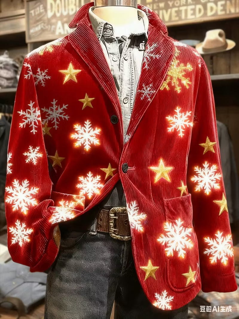 Men'S Retro Christmas Corduroy Blazer Jacket with Santa Print