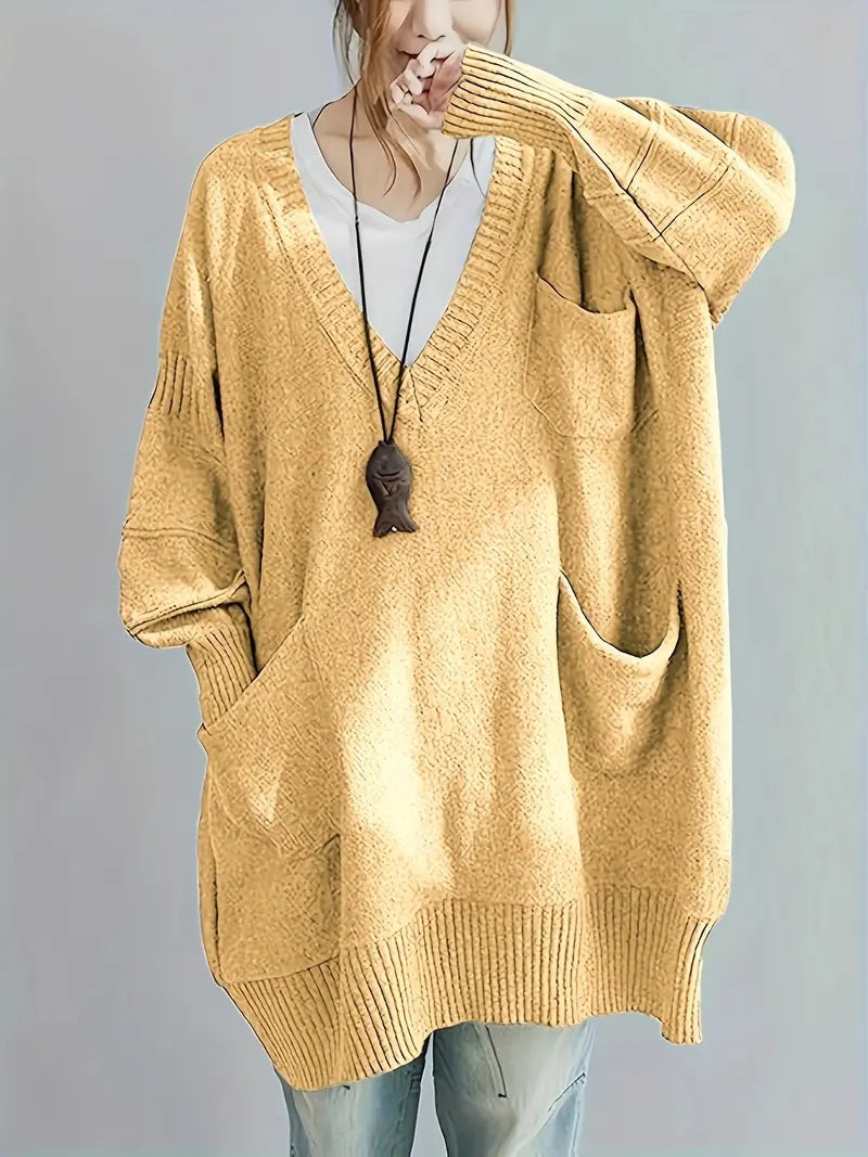 Plus Size, Women's Oversized V-Neck Sweater - Soft Cardigan Sweater with Batwing Sleeves