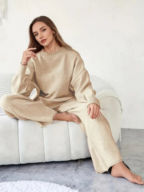 Ladies' Early Autumn New Fashion Sweater Two-piece Set: Round Neck Drop Shoulder Long Sleeve Pullover Top + Straight Wide Leg Pants Combination