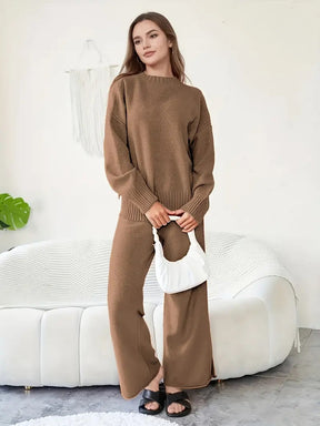 Ladies' Early Autumn New Fashion Sweater Two-piece Set: Round Neck Drop Shoulder Long Sleeve Pullover Top + Straight Wide Leg Pants Combination