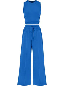 🔥Women Sleeveless Cropped Top Elastic Waist Wide Leg Pants 2 Piece Set