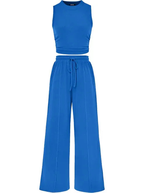 🔥Women Sleeveless Cropped Top Elastic Waist Wide Leg Pants 2 Piece Set
