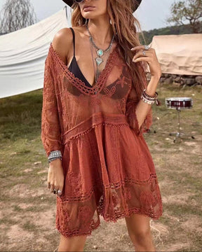 Boho Lace Beach Cover-Up Dress – V-Neck Sheer Swim Cover(Buy 2 Free Shipping)