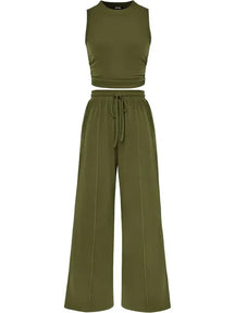 🔥Women Sleeveless Cropped Top Elastic Waist Wide Leg Pants 2 Piece Set