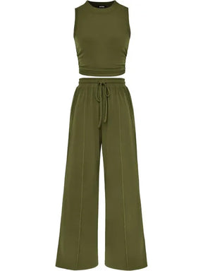 🔥Women Sleeveless Cropped Top Elastic Waist Wide Leg Pants 2 Piece Set