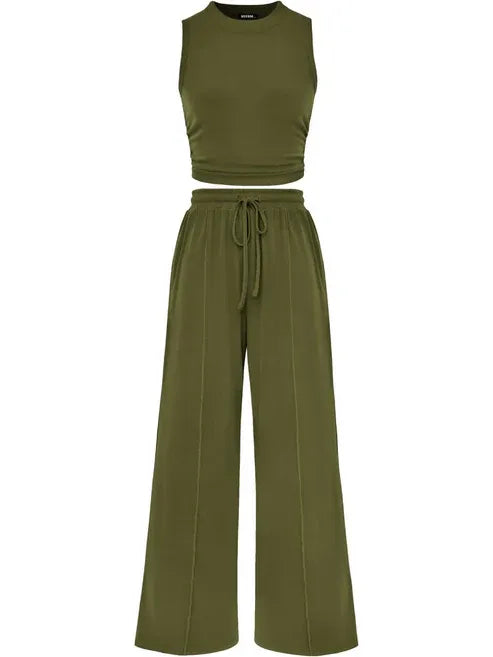 🔥Women Sleeveless Cropped Top Elastic Waist Wide Leg Pants 2 Piece Set