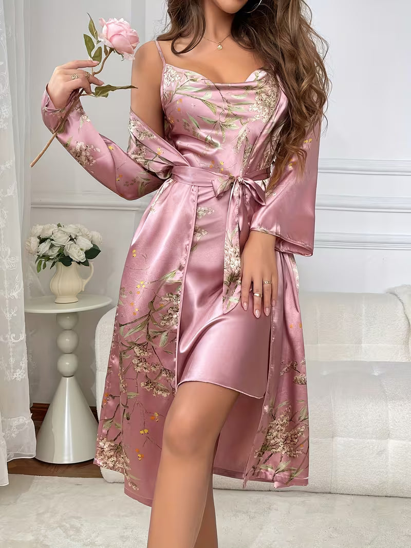 Women'S Small Cherry Print Fashion Sexy Robe And Nightgown 2pcs Set