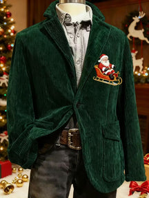 Men'S Retro Christmas Corduroy Blazer Jacket with Santa Print