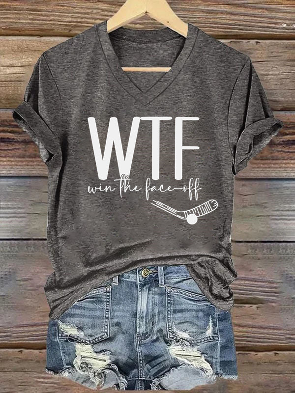 V Neck WTF Win Face-Off Hockey T-shirt
