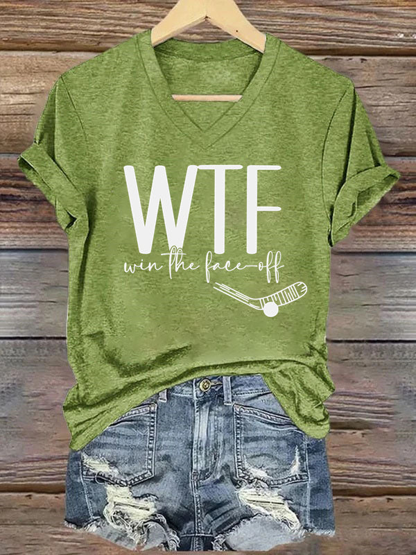 V Neck WTF Win Face-Off Hockey T-shirt