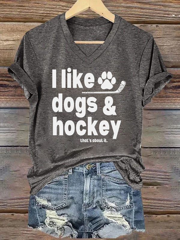V Neck I Like Dogs And Hockey T-shirt
