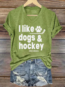 V Neck I Like Dogs And Hockey T-shirt