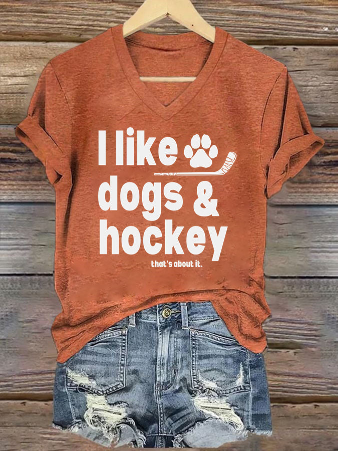 V Neck I Like Dogs And Hockey T-shirt