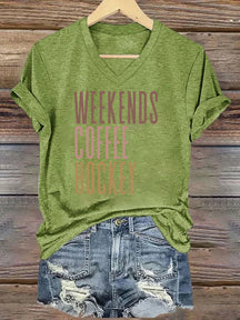 V Neck Weekends Coffee Hockey T-shirt