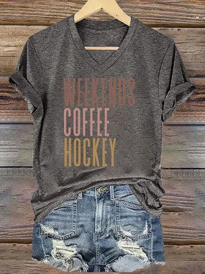 V Neck Weekends Coffee Hockey T-shirt