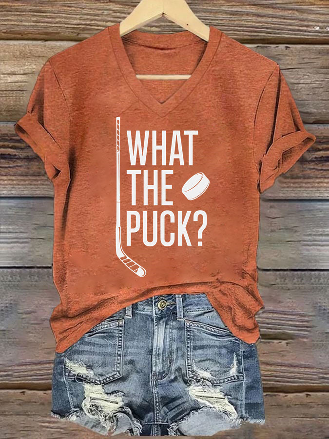 V Neck What The Puck? Hockey T-shirt