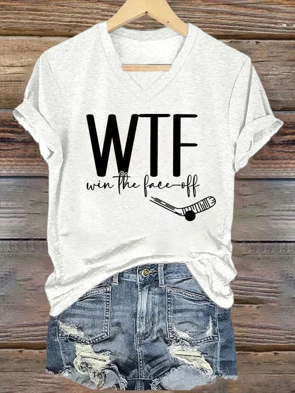 V Neck WTF Win Face-Off Hockey T-shirt