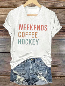 V Neck Weekends Coffee Hockey,Game Day T-shirt
