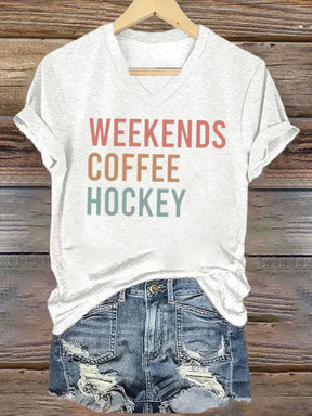 V Neck Weekends Coffee Hockey,Game Day T-shirt