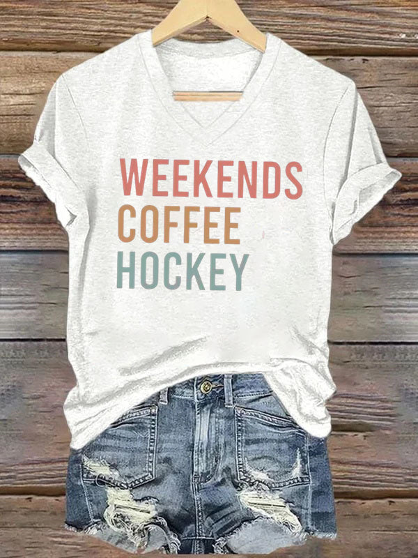 V Neck Weekends Coffee Hockey,Game Day T-shirt