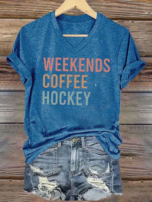 V Neck Weekends Coffee Hockey,Game Day T-shirt