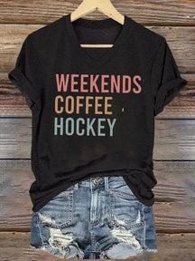 V Neck Weekends Coffee Hockey,Game Day T-shirt