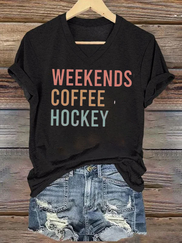 V Neck Weekends Coffee Hockey,Game Day T-shirt