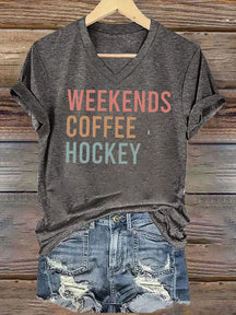 V Neck Weekends Coffee Hockey,Game Day T-shirt