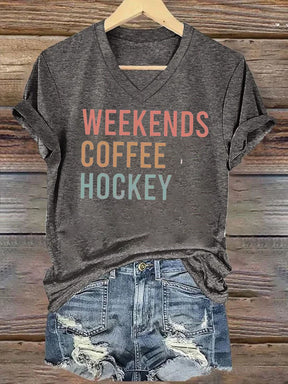 V Neck Weekends Coffee Hockey,Game Day T-shirt