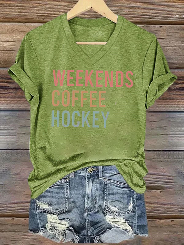 V Neck Weekends Coffee Hockey,Game Day T-shirt