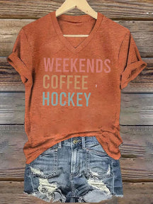 V Neck Weekends Coffee Hockey,Game Day T-shirt