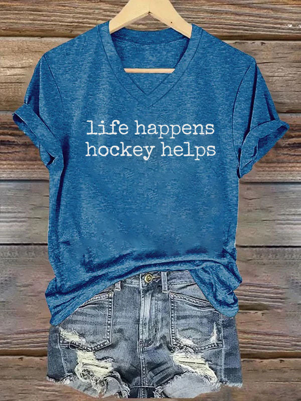 V Neck Life Happens Hockey Helps T-shirt