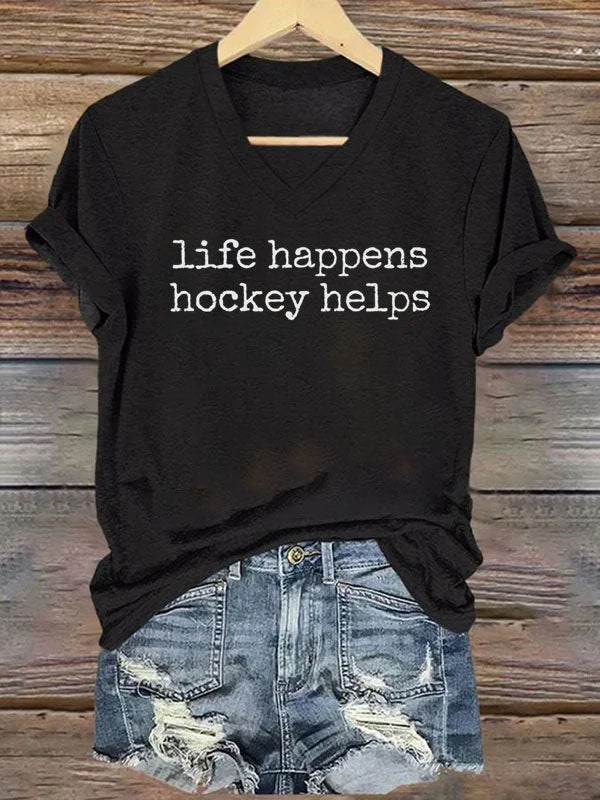 V Neck Life Happens Hockey Helps T-shirt