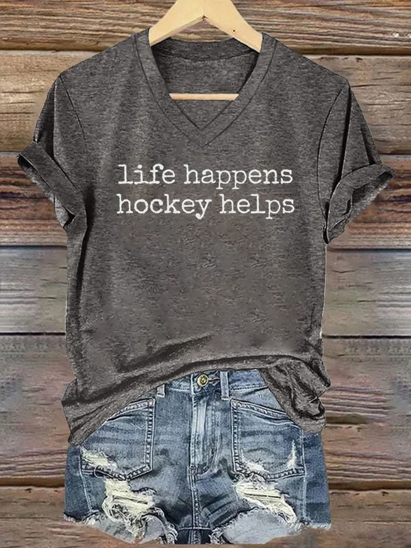 V Neck Life Happens Hockey Helps T-shirt