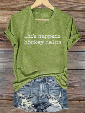 V Neck Life Happens Hockey Helps T-shirt