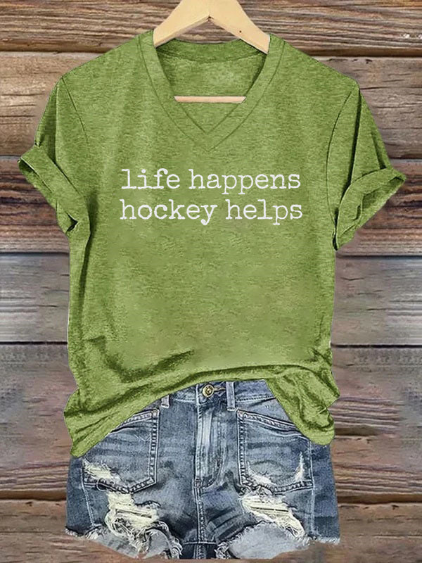 V Neck Life Happens Hockey Helps T-shirt