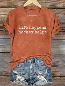 V Neck Life Happens Hockey Helps T-shirt