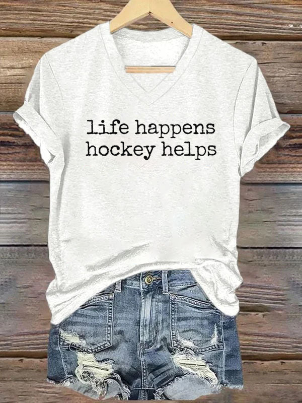 V Neck Life Happens Hockey Helps T-shirt