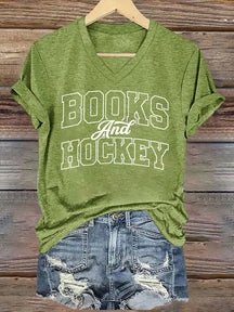 V Neck Books And Hockey T-shirt