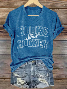 V Neck Books And Hockey T-shirt