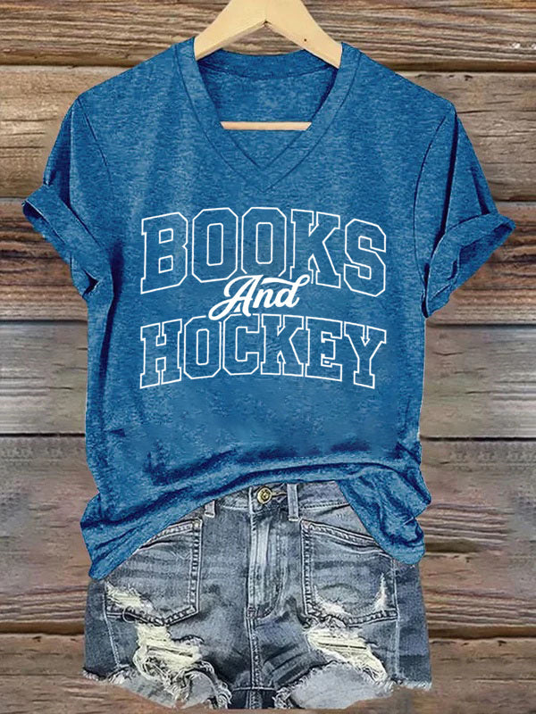 V Neck Books And Hockey T-shirt