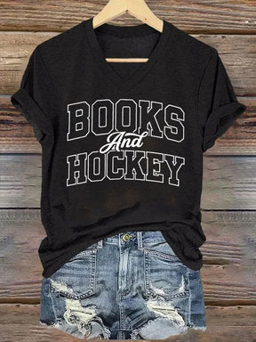V Neck Books And Hockey T-shirt
