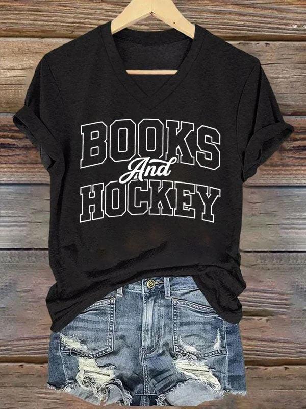 V Neck Books And Hockey T-shirt