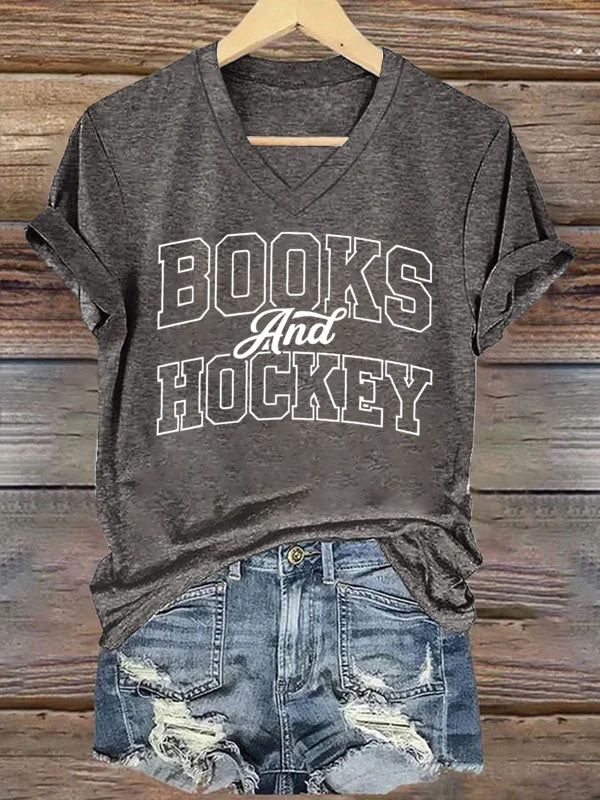 V Neck Books And Hockey T-shirt